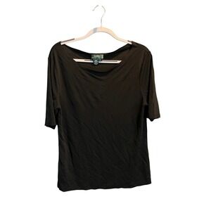 Lauren Ralph Lauren Black Boat Neck Elbow Sleeve Top Plus Size 1X Rayon Solid